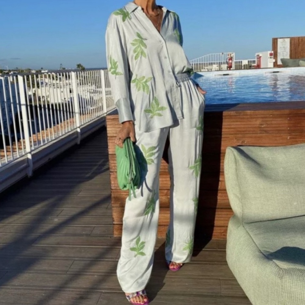 Zara Set Blue Satin Leaf Print Set (Top L, Pants M) (item #A09)
